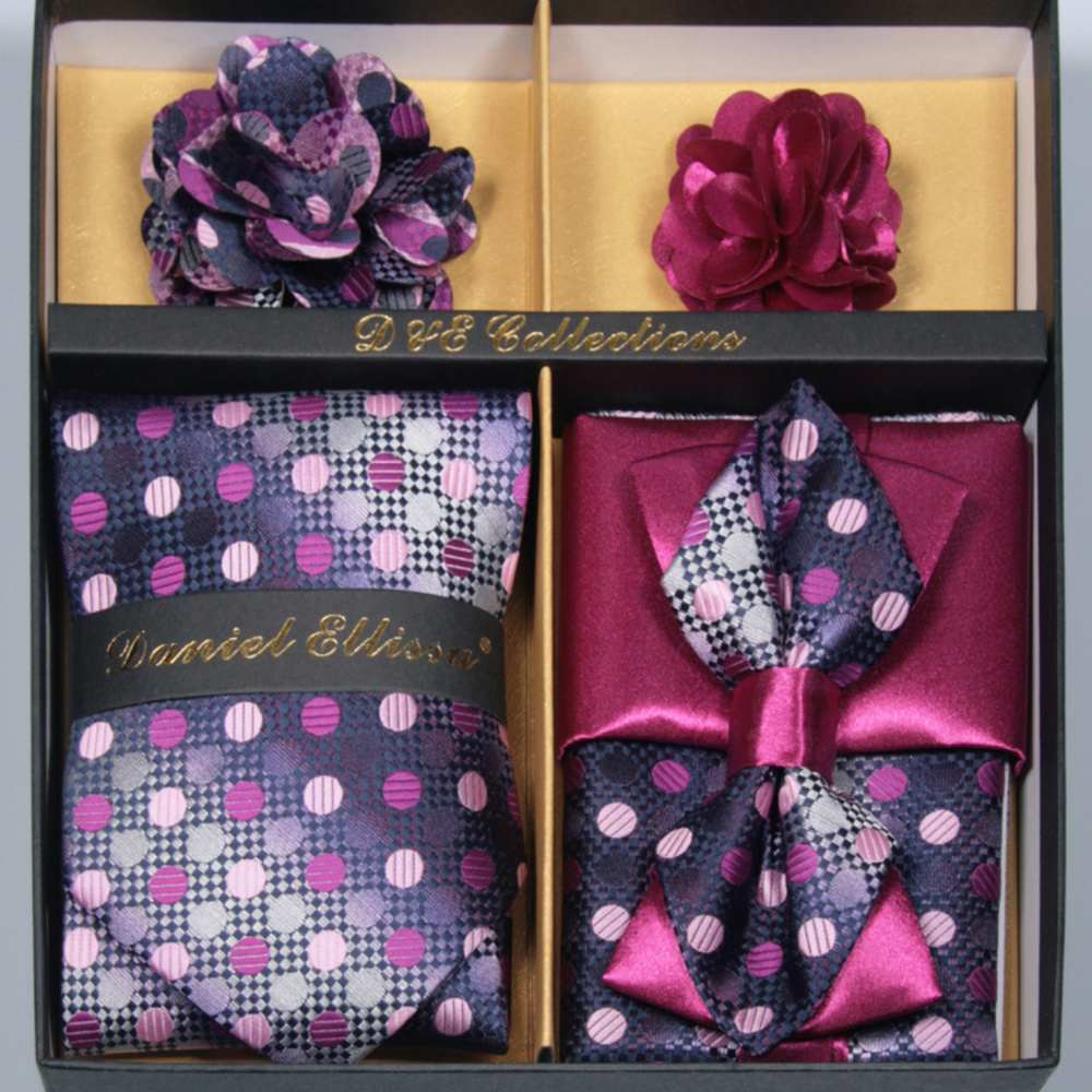 6 Piece Pink Purple Silver Necktie & Bow Tie Set